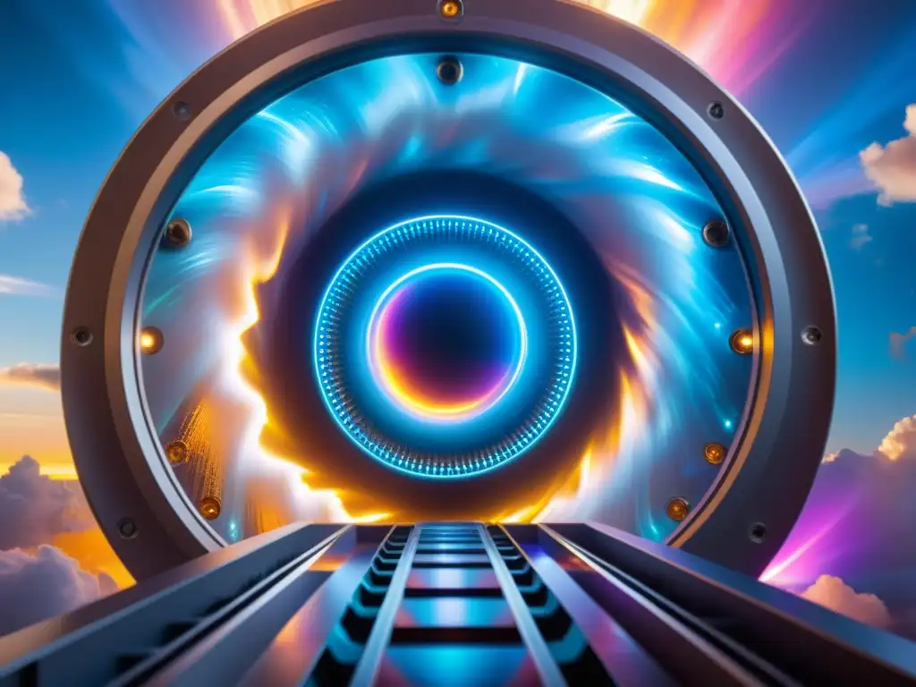 Acelerador de partículas futurista con energía iridiscente Un acelerador de partículas futurista rodeado de nubes de energía iridiscente, emitiendo un zumbido pulsante y reflejos de luz