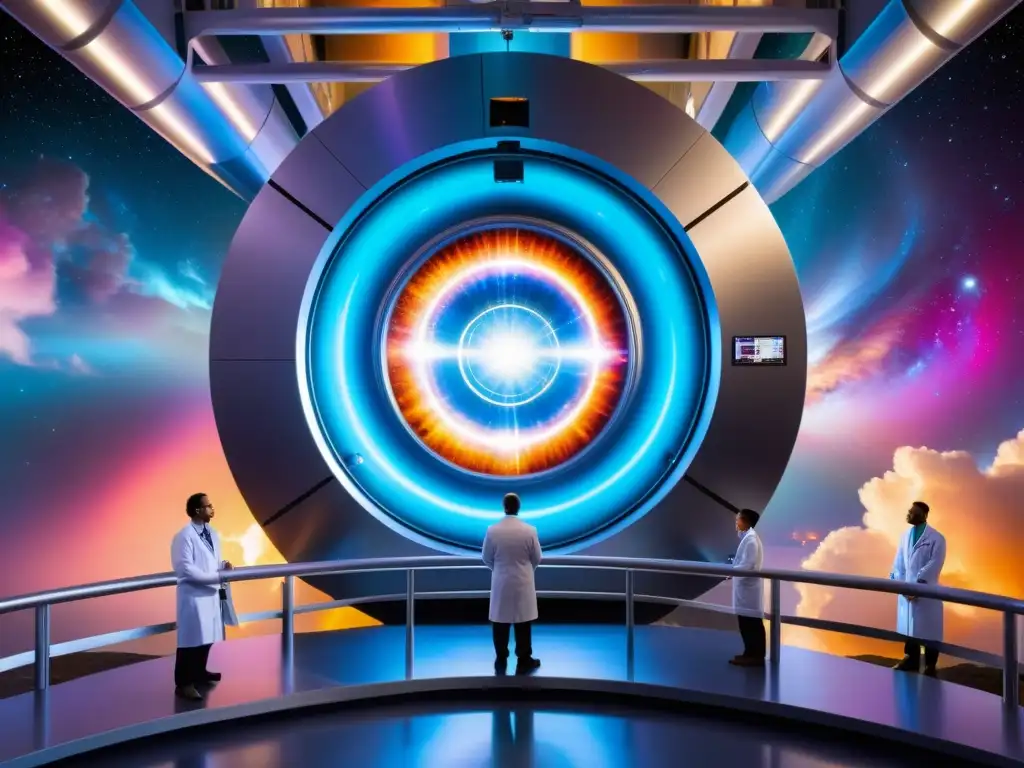 Experimento de partículas futurista en cosmos iridiscentes Un acelerador de partículas futurista rodeado de científicos y energía iridiscente, sugiriendo teorías científicas sobre universos paralelos