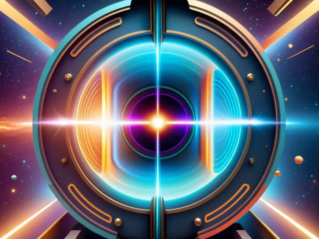 Fascinante acelerador de partículas interestelar Un acelerador de partículas futurista rodeado de campos de energía multicolores, con haces de luz desapareciendo en otra dimensión