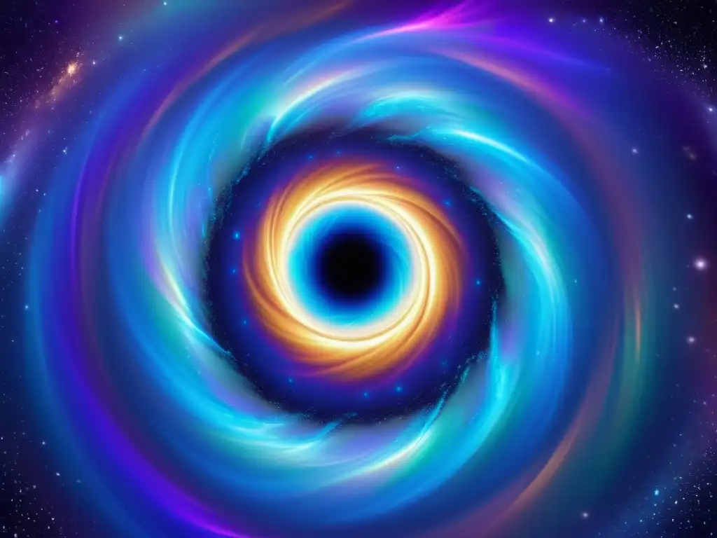 Vórtice cósmico: pintura digital de un hipnótico agujero de gusano Un agujero de gusano en la ciencia ficción: un remolino iridiscente en el espacio, con energía vibrante y destellos cósmicos