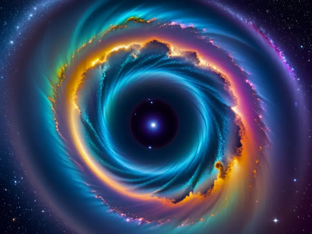 Viaje estelar a través de un hipnotizante agujero de gusano en 8k Un agujero de gusano iridiscente en el cosmos con una nave espacial, inspirado en la teoría agujeros gusano Interstellar