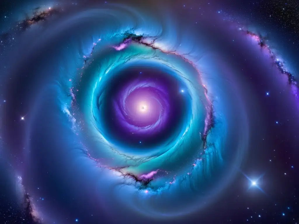 Majestuoso agujero de gusano iridiscente en el espacio Un agujero de gusano en el universo, deslumbrante y misterioso, con tonos vibrantes de púrpura, azul y verde entrelazados en un baile cósmico