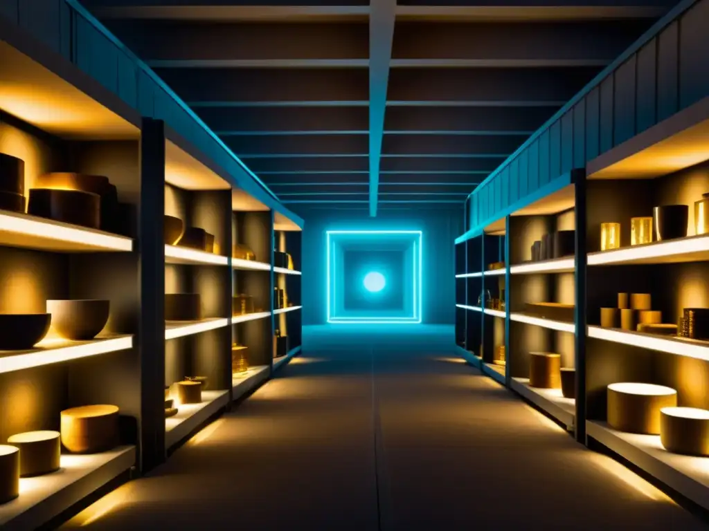 Almacén de Artefactos: Reliquias y Tecnología Un almacén misterioso con artefactos brillantes y un portal que sugiere la conexión artefactos universos paralelos