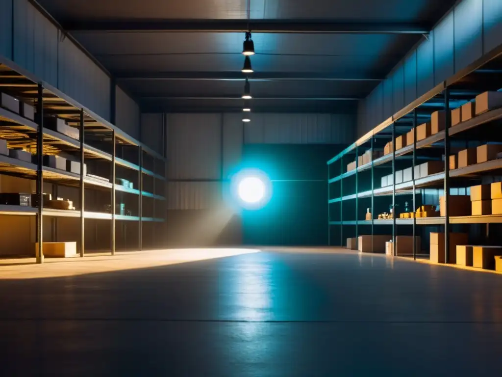 Almacén misterioso de artefactos futuristas Un almacén tenue lleno de artefactos futuristas que emiten una luz etérea
