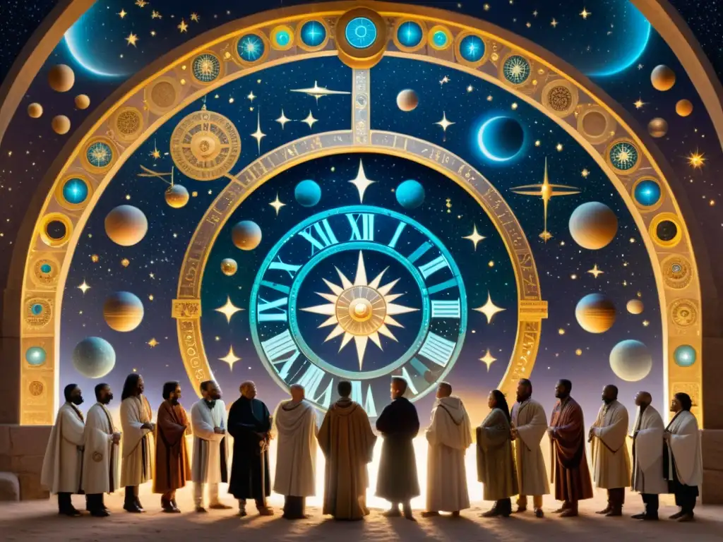 Portal celestial: antigua sabiduría y misterio Antigua pintura mural detallada con personas y portal, máquinas futuristas y paisajes fantásticos