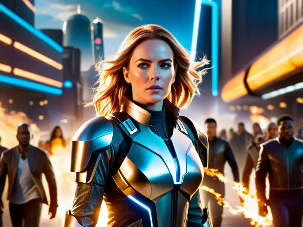 Sarah Lance en armadura futurista, lista para viajar en el tiempo Sarah Lance evolución viajera tiempo: Sarah Lance en armadura futurista, lista para viajar en el tiempo en una ciudad futurista llena de energía