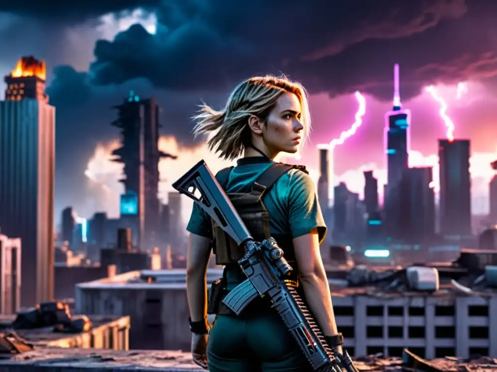 Alice en el apocalipsis: guerrera futurista en una ciudad devastada Alice, con armadura futurista y rifle, enfrenta la ciudad postapocalíptica