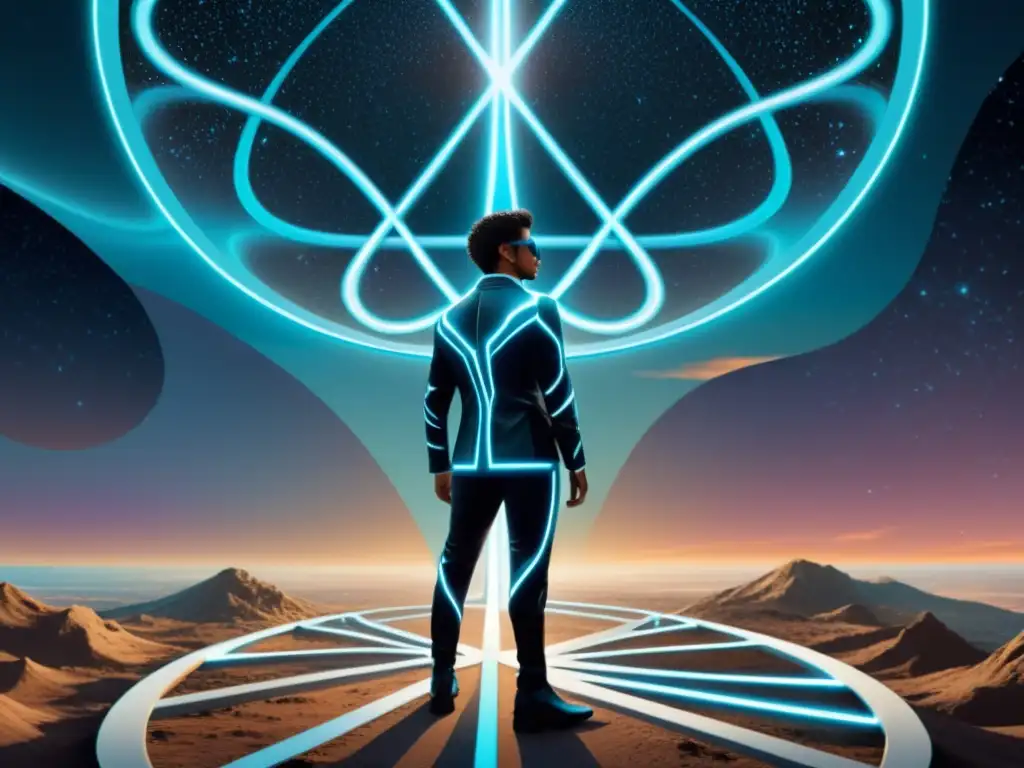 Figura en encrucijada: múltiples universos y realidades Arte digital de una figura en una encrucijada, con múltiples versiones de sí mismos en universos paralelos