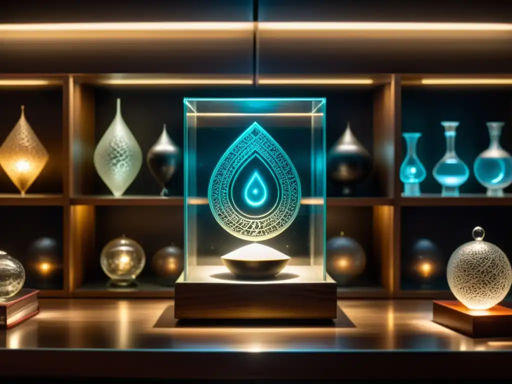 Reliquias misteriosas: poder y enigma en resolución alta Un artefacto misterioso con engravings enigmáticos, emitiendo una luz etérea en una habitación llena de objetos enigmáticos