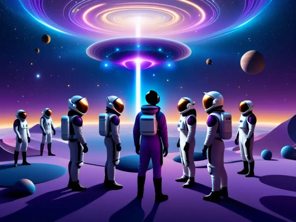 Explorando el Multiverso: Redes Cósmicas y Maravillas Estelares Un asombroso multiverso cósmico de colores vibrantes, galaxias y científicos observando a través de domos