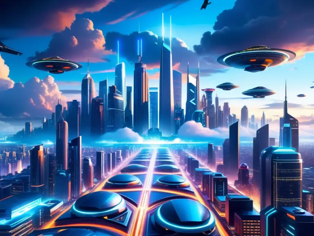 Metrópolis futurista en 8k: torres y vehículos voladores Un asombroso paisaje urbano futurista con rascacielos gigantes, pasarelas brillantes y vehículos voladores, con portales interdimensionales