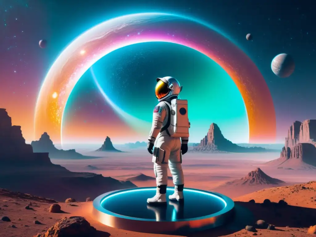 Explorador espacial reflexiona ante portal dimensional Un astronauta reflexiona ética en viajes interdimensionales ante un portal brillante hacia un paisaje alienígena