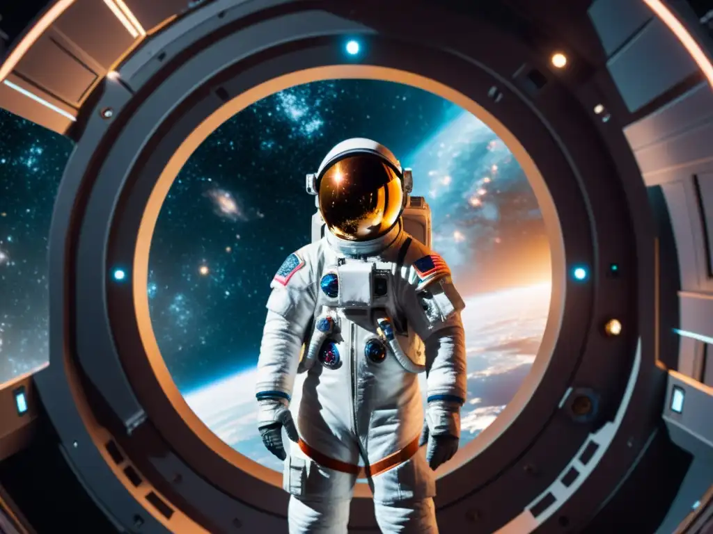 Exploración interestelar: el astronauta frente al portal Un astronauta frente a un portal brillante con galaxias y nebulosas