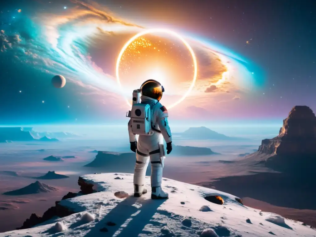 Exploración interdimensional: Astronauta frente a portal alienígena Un astronauta frente a un portal interdimensional, refleja asombro y determinación