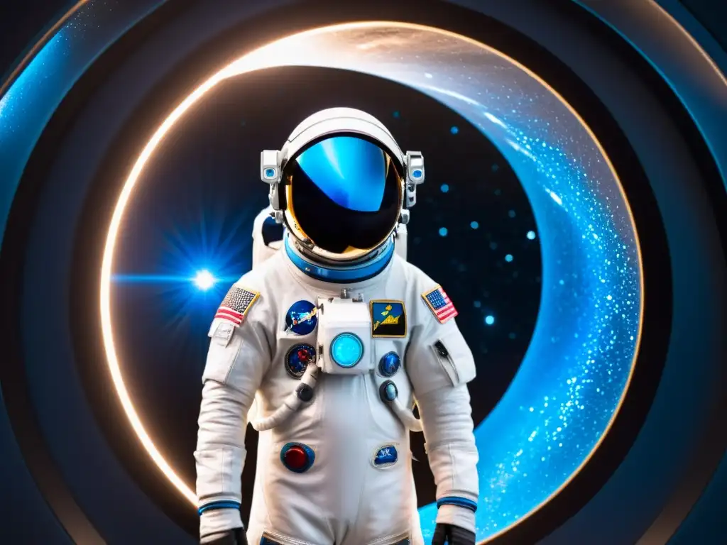 Explorador del tiempo frente al portal estelar Un astronauta frente a un portal temporal con energía azul