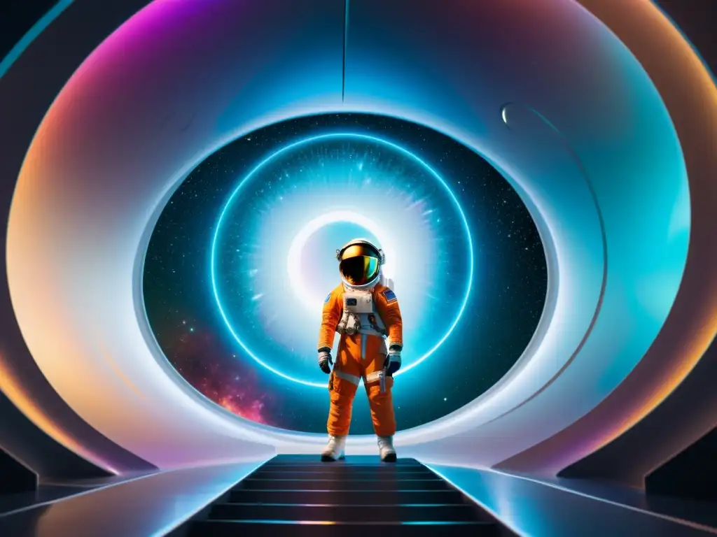 Exploración interdimensional: astronauta en el umbral Un astronauta frente a un resplandeciente agujero de gusano, rodeado de energía iridiscente y un equipo científico asombrado, capturando la maravilla del entrelazamiento cuántico y agujeros de gusano