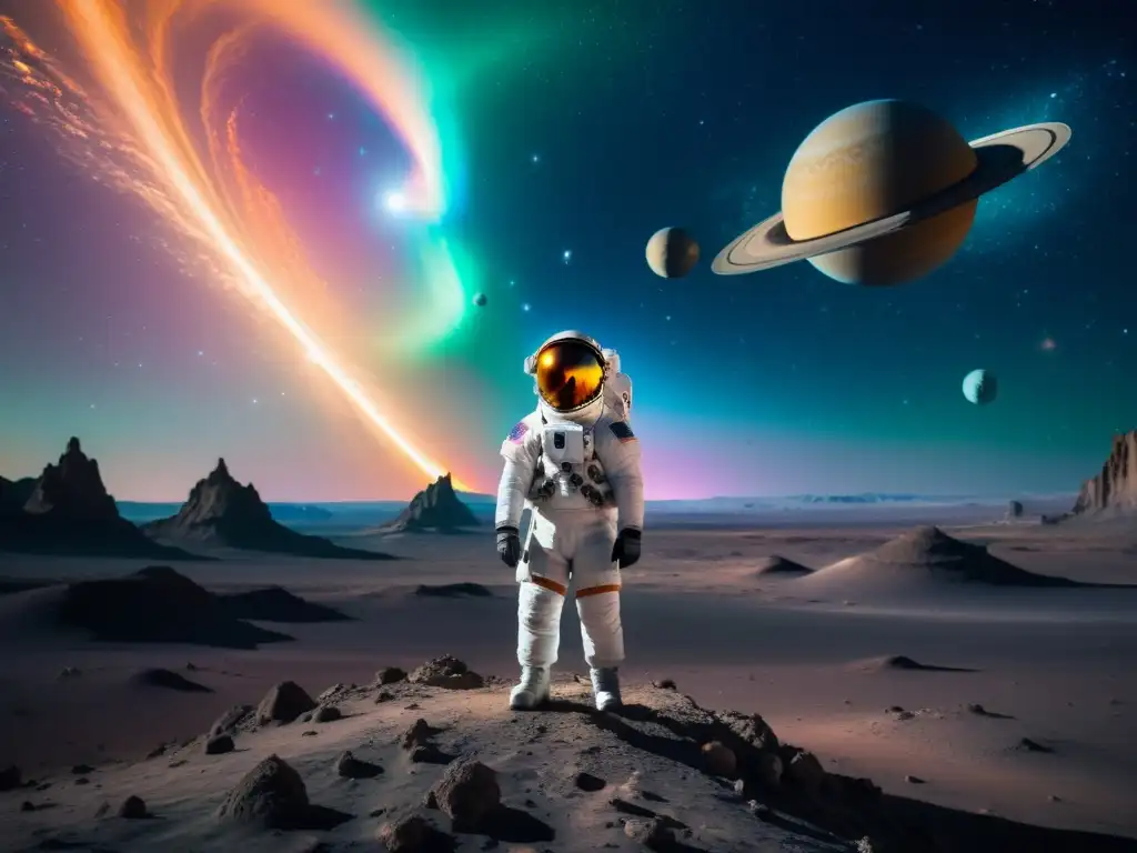 Explorador espacial enfrenta paisaje alienígena Un astronauta contempla las implicaciones morales de los viajes interdimensionales en un paisaje alienígena desolado y lleno de cristales iridiscentes