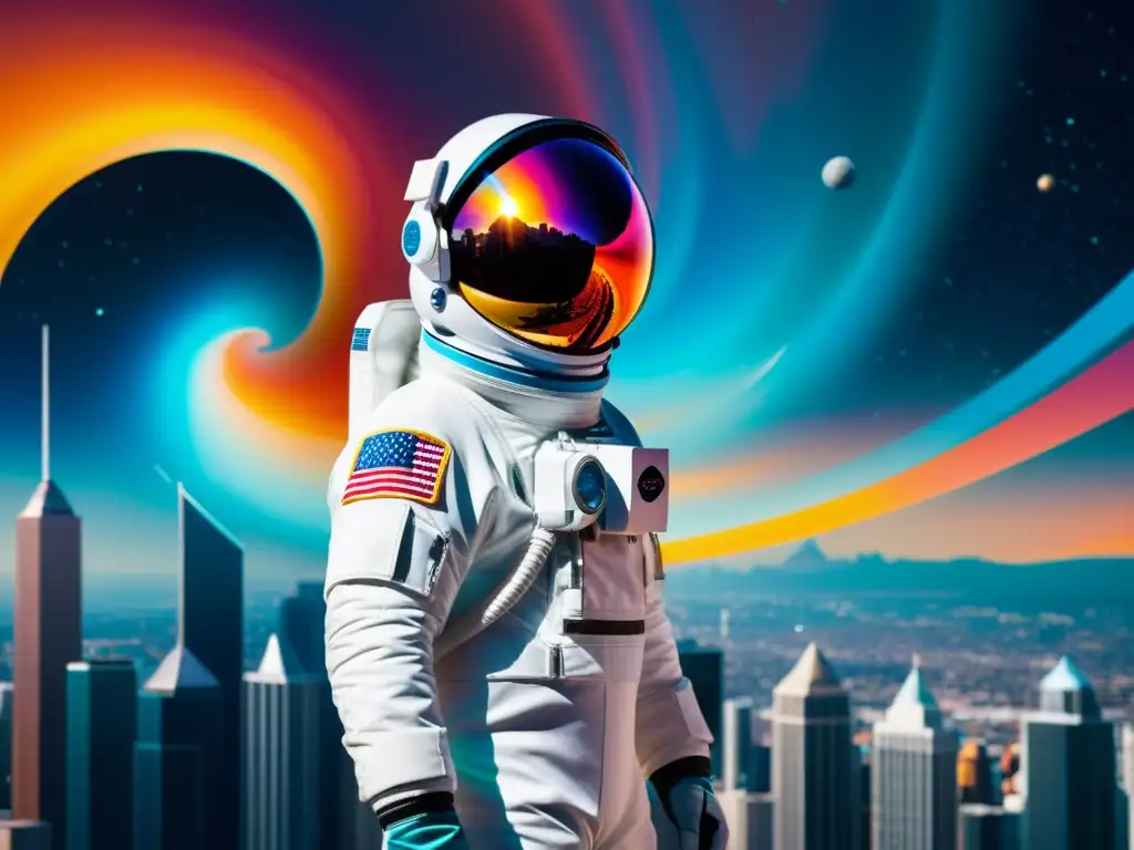 Preparación mental para viajar en el tiempo: astronauta frente a un vórtice energético Un astronauta listo para viajar en el tiempo, refleja una ciudad distorsionada en su visor, creando una atmósfera de anticipación y maravilla
