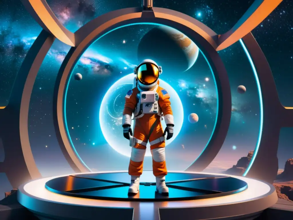 Explorador espacial frente a portales interdimensionales Un astronauta en plataforma futurista con portales de luz a universos paralelos, en medio de un paisaje cósmico