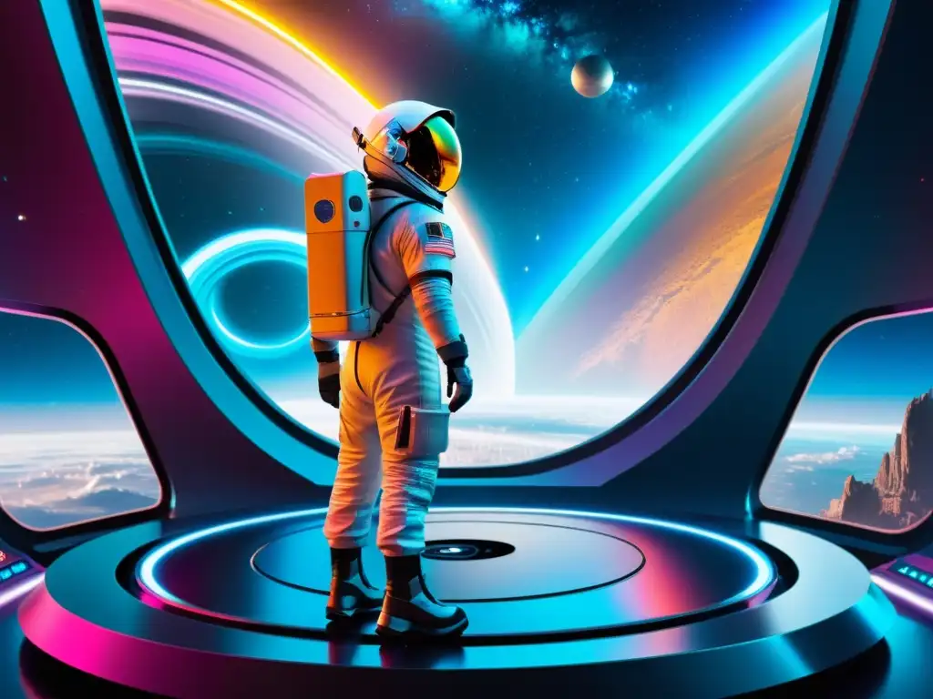 Explorador interdimensional frente al abismo de colores Un astronauta en una plataforma futurista observa un remolino de colores que lleva a universos alternos