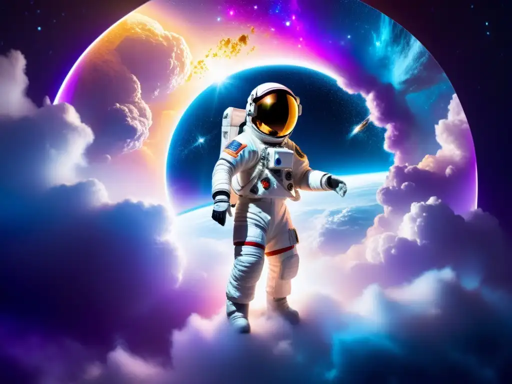 Portal Cósmico: El Salto hacia lo Desconocido Un astronauta se prepara para un salto interdimensional a través de manipulación cuántica, frente a un portal futurista lleno de energía