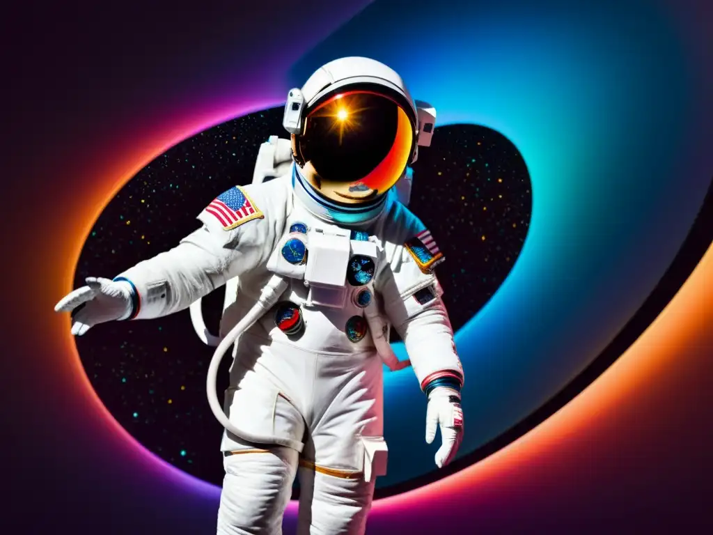 Portal intergaláctico: El astronauta se enfrenta a lo desconocido Un astronauta en traje espacial futurista frente a un portal multicolor, reflejando la teoría del multiverso impacto cosmos