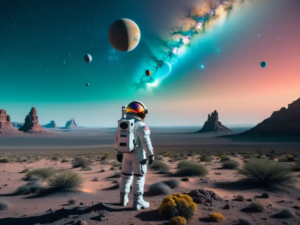 Explorador de universos: astronauta en paisaje alienígena Un astronauta explora universos paralelos en His Dark Materials, con un paisaje desolado y cielos fracturados revelando realidades infinitas