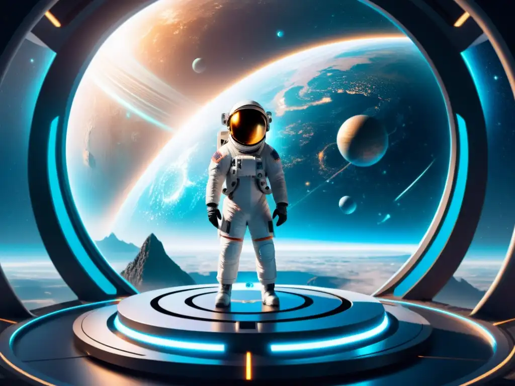 Explorador espacial en portal dimensional Un astronauta se prepara para un viaje interdimensional en una plataforma futurista, rodeado de energía etérea