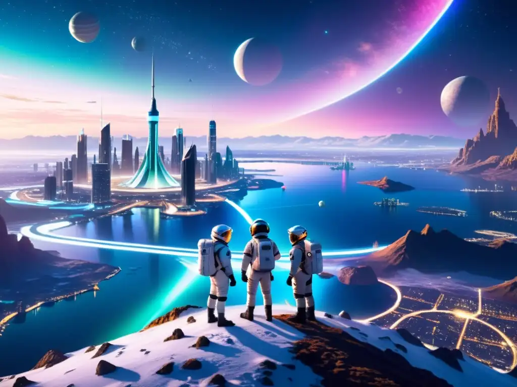 Explorando otro universo: astronautas en metrópolis alienígena Astronautas reflexionan sobre la responsabilidad ética en universos paralelos mientras contemplan una ciudad futurista y alienígena