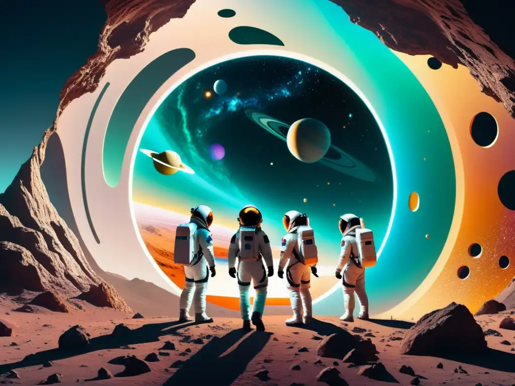 Astronautas en trajes espaciales atraviesan un portal hacia un mundo paralelo, rodeados de colores y paisajes alienígenas