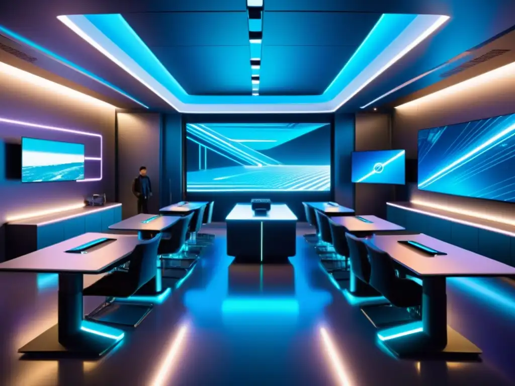 Aula futurista con tecnología avanzada y experimentación científica Un aula futurista llena de tecnología avanzada, hologramas y estudiantes inmersos en experimentación científica