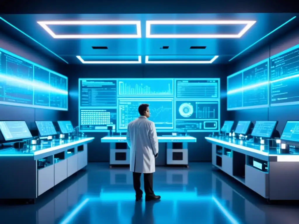 Laberinto tecnológico: científicos y hologramas en laboratorio futurista 8k Avanzado laboratorio futurista con científicos, hologramas y maquinaria iluminada en azul
