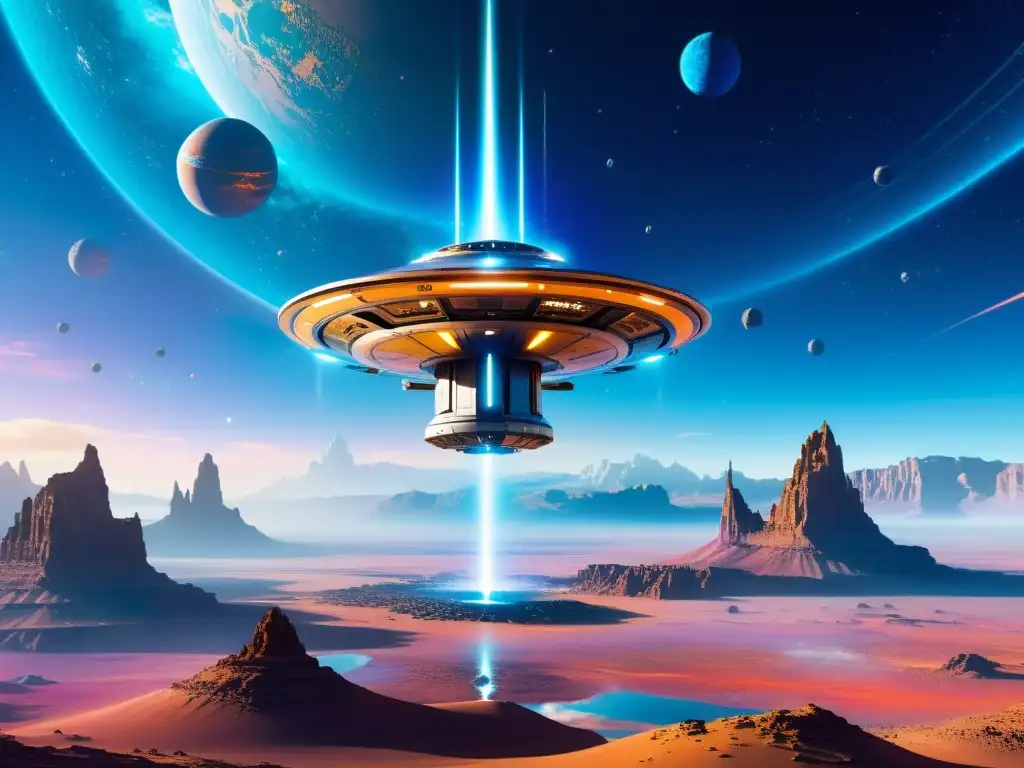Nave espacial futurista sobre paisaje alienígena vibrante Un avanzado nave espacial protege universos vulnerables, flotando sobre un paisaje alienígena vibrante y futurista
