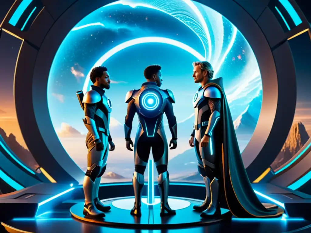 Épica aventura interdimensional: viajeros del tiempo en 8k Dos aventureros del tiempo se preparan para viajes interdimensionales universos paralelos en un escenario futurista con energía vibrante