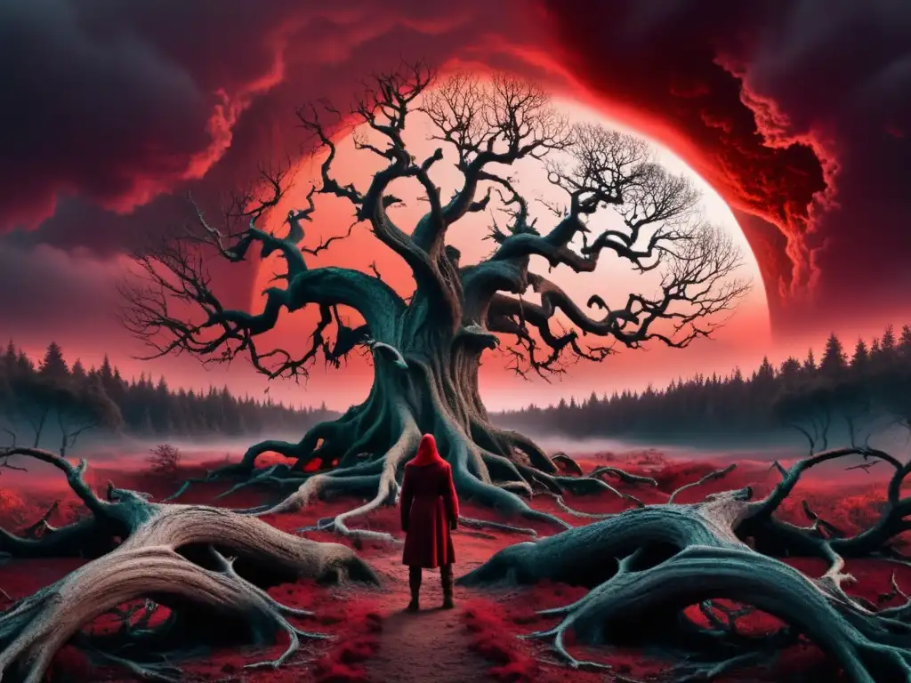 Portal a lo Desconocido: Bosque en Niebla Roja Un bosque cubierto de niebla con árboles antiguos y retorcidos se extiende hacia un cielo rojo sangre