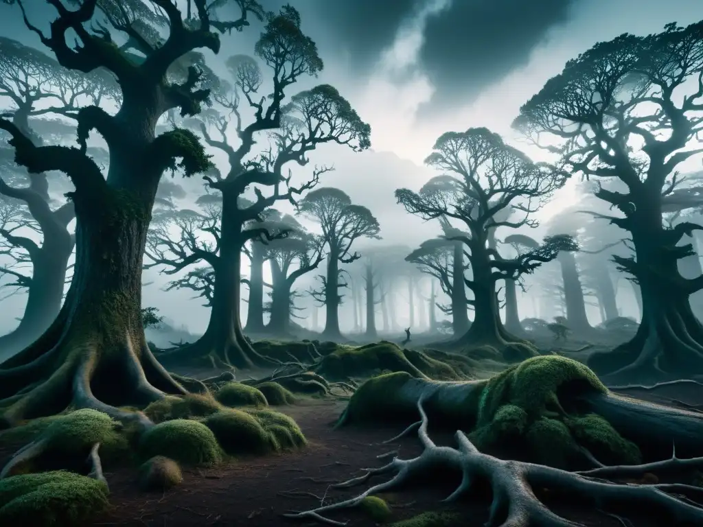 Bosque siniestro con portales interdimensionales Ilustración ultradetallada de un bosque oscuro y brumoso con árboles retorcidos