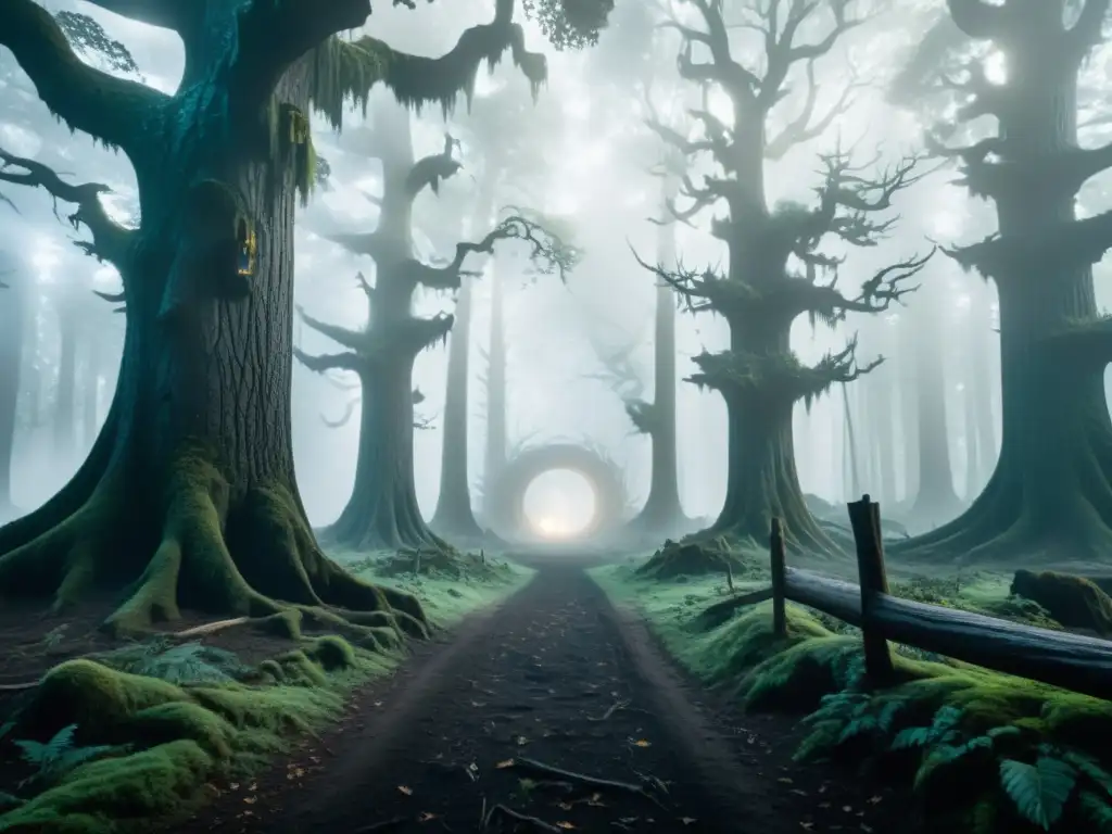 Portales misteriosos en el bosque: explorando dimensiones paralelas Un bosque oscuro y misterioso con portales brillantes, evocando dimensiones paralelas como en la literatura de Stephen King