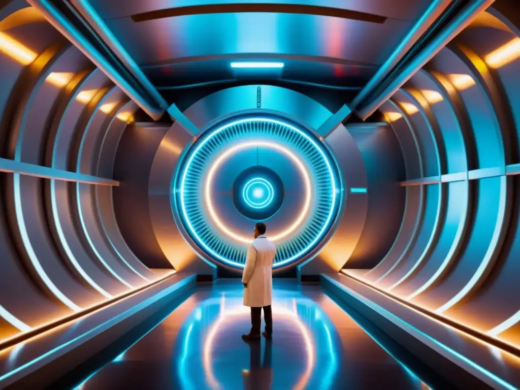 Partículas en dimensión extra: Acelerador futurista en 8K La búsqueda de dimensiones extras LHC se representa en una imagen 8k ultradetallada de un acelerador de partículas futurista, con estructuras metálicas intrincadas, luces de neón brillantes y energía giratoria, creando un ambiente de asombro y maravilla en la exploración cient