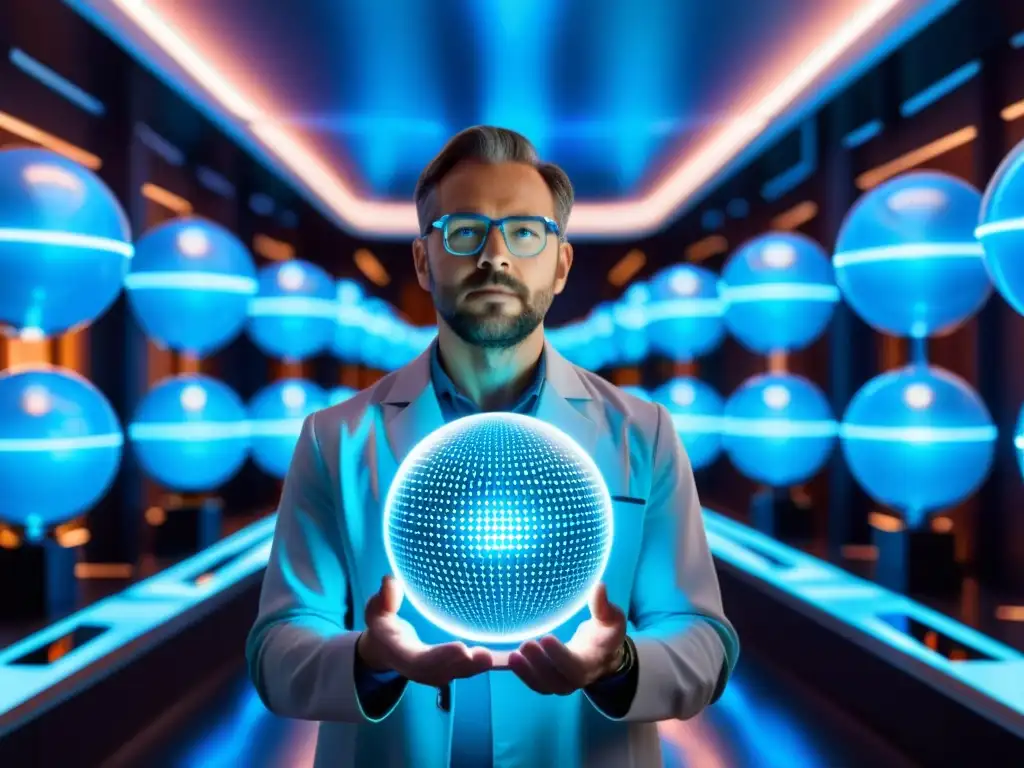 Explorando Realidades Paralelas en el Laboratorio Cuántico Un científico en un laboratorio futurista rodeado de computadoras cuánticas y pantallas holográficas que muestran universos paralelos