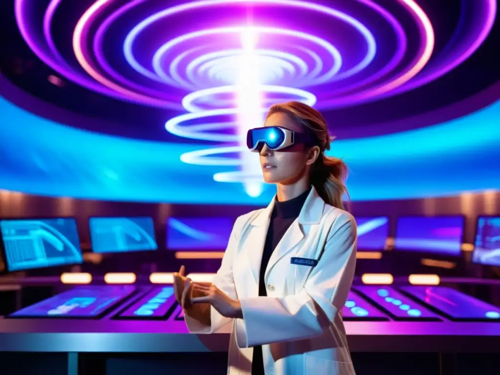 Explorando el vórtice de energía: un científico en su laboratorio futurista Un científico en un laboratorio futurista se prepara para explorar un vortex de energía