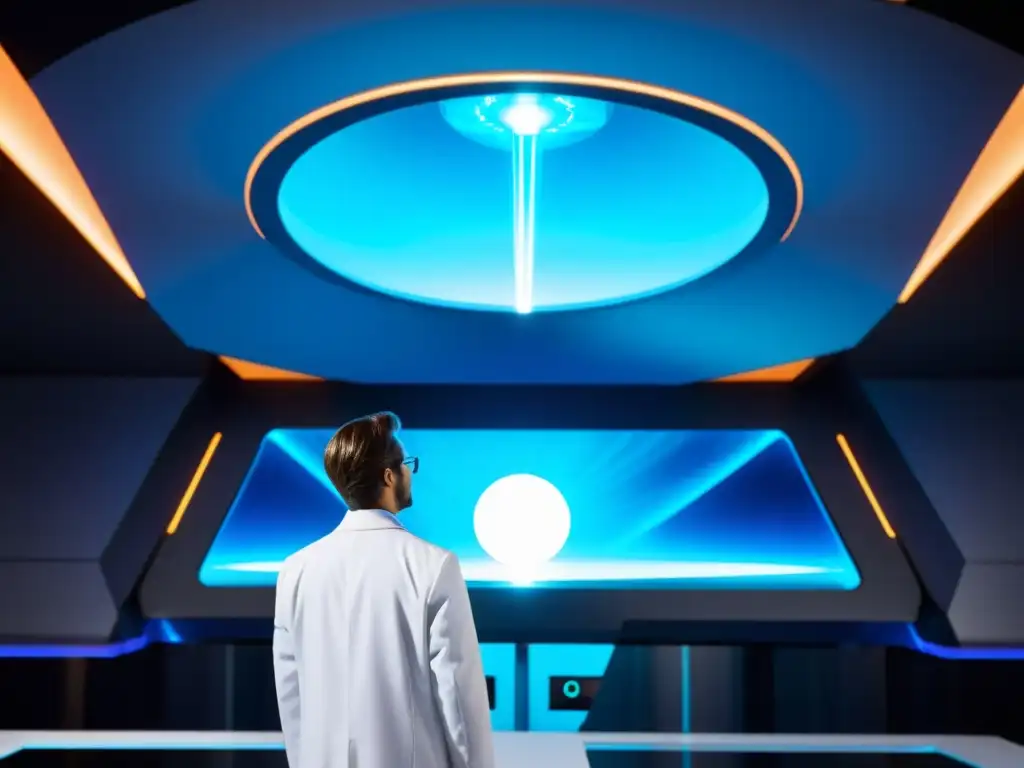 Descubrimiento interdimensional: El portal médico del futuro Un científico ajusta un portal interdimensional en un laboratorio futurista
