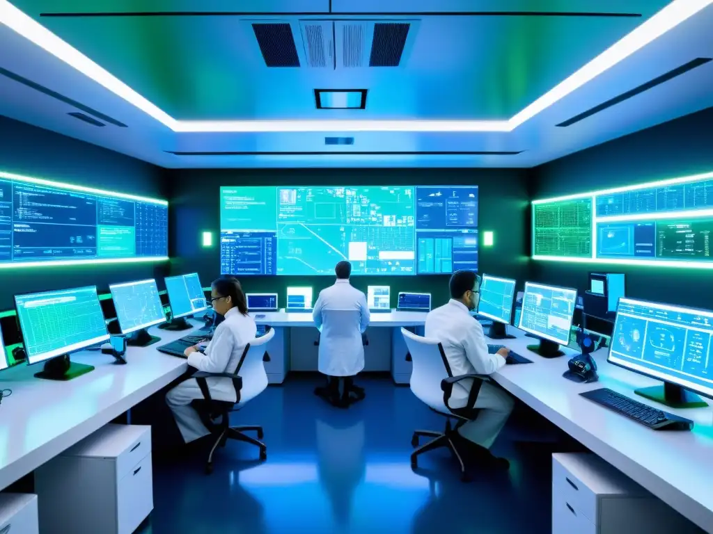 Lab de alta tecnología con científicos investigando universos paralelos Científicos en laboratorio del futuro realizan experimentos gubernamentales en universos paralelos bajo luces neón azules y verdes