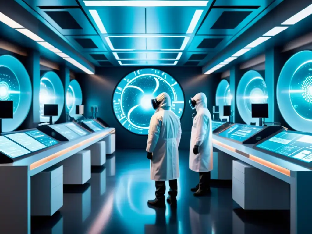 Lab científico: Investigación interdimensional de virus Científicos en trajes de protección trabajan en un laboratorio futurista rodeados de portales y hologramas