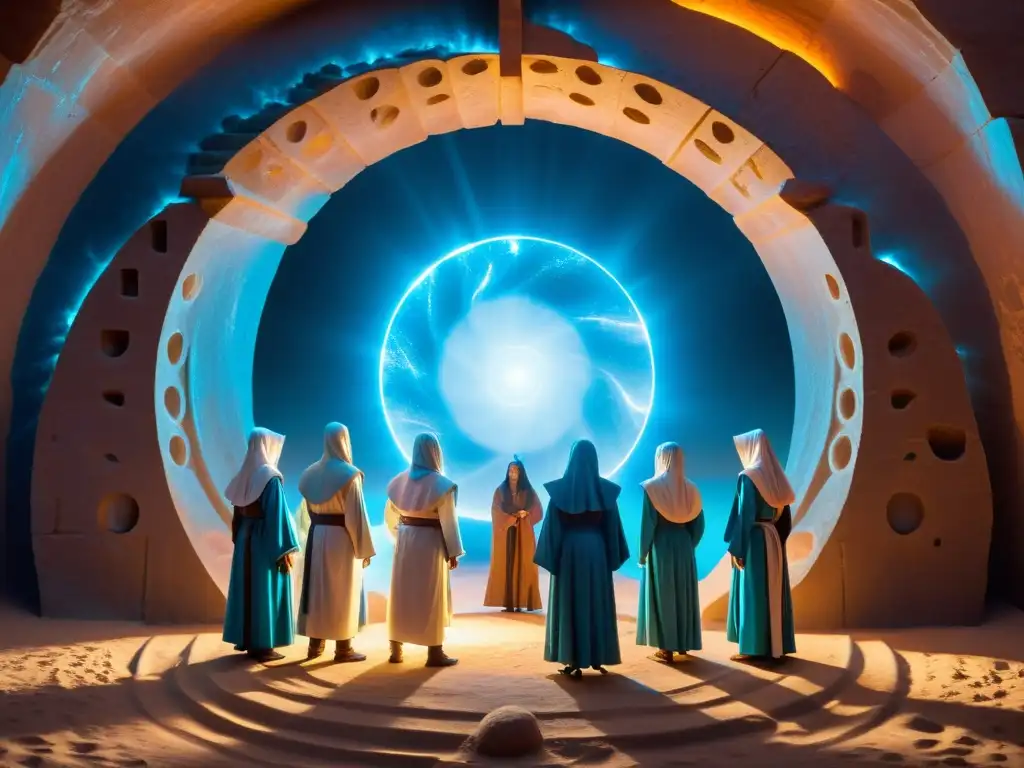 Rituales de Portal Interdimensional: Conjurando Realidades Un círculo de figuras encapuchadas canaliza energía hacia un portal brillante en una antigua cámara llena de símbolos misteriosos