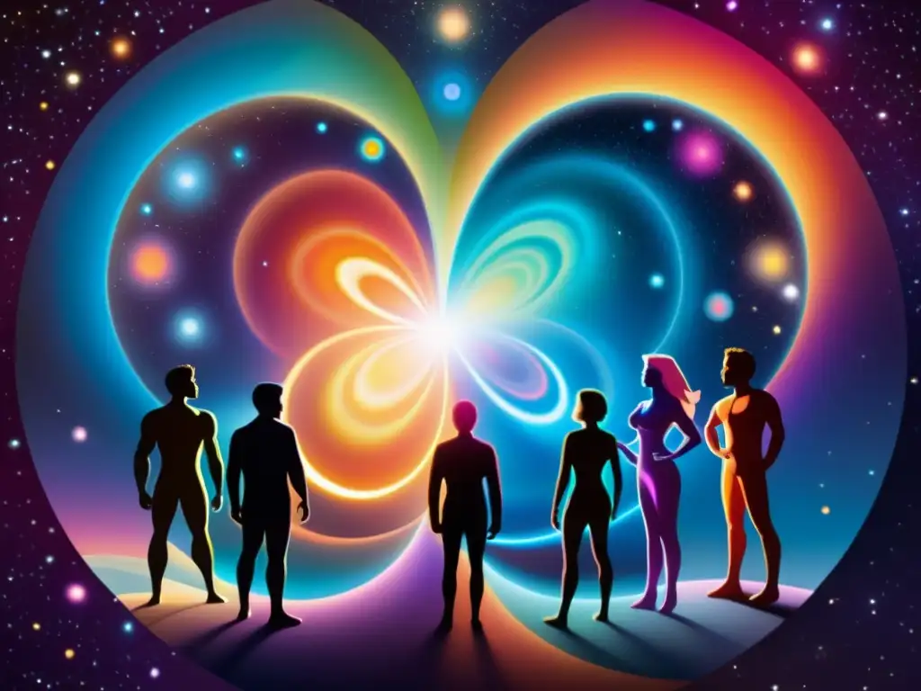 Conexiones Universales: Figuras luminosas en un cosmos diverso Un círculo de figuras humanoides diversas con contornos brillantes y translúcidos, rodeadas de energía colorida y expresando conexión universal