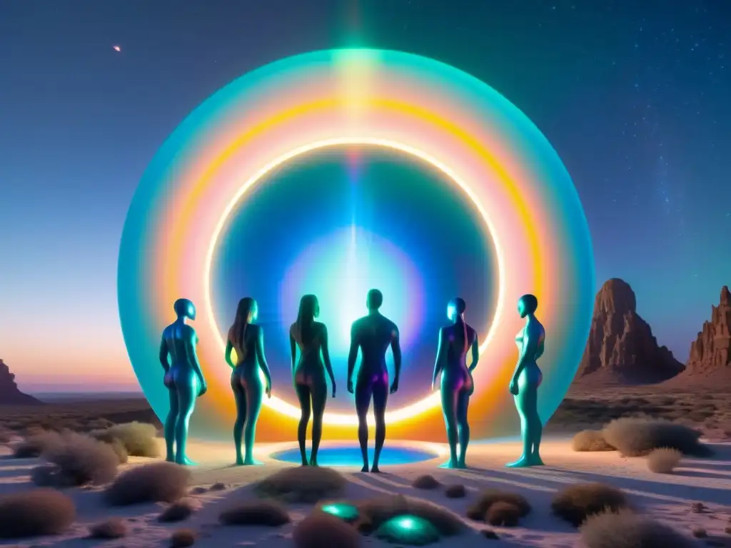 Ritos cósmicos: seres surrealistas frente al portal iridiscente Un círculo de seres surrealistas con extremidades alargadas y piel iridiscente, se conectan con un portal resplandeciente en un paisaje alienígena