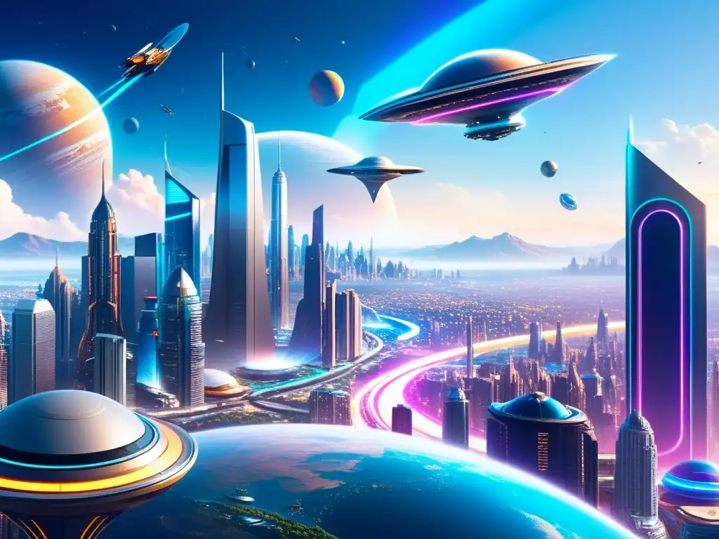 Ciudad futurista alienígena: skyscrapers, naves y robots Una ciudad futurista bulliciosa con tecnología avanzada y teorías científicas universos paralelos