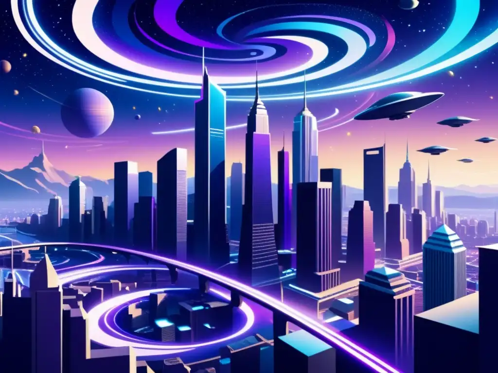 Metrópolis futurista: universos paralelos y portales misteriosos Una ciudad futurista y cósmica llena de teorías científicas universos paralelos, con rascacielos imponentes y galaxias en el cielo