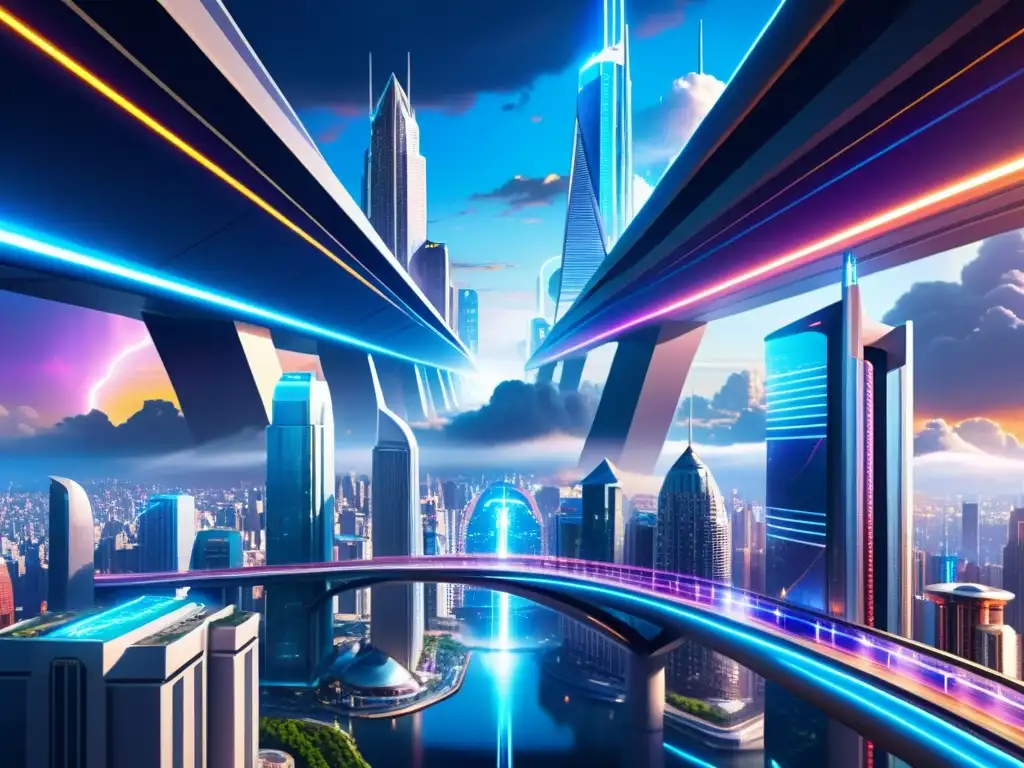 Metrópolis futurista: rascacielos, puentes y portales Una ciudad futurista detallada con rascacielos imponentes, puentes angulares y vehículos voladores, evocando la lógica interdimensional Rudolf Carnap