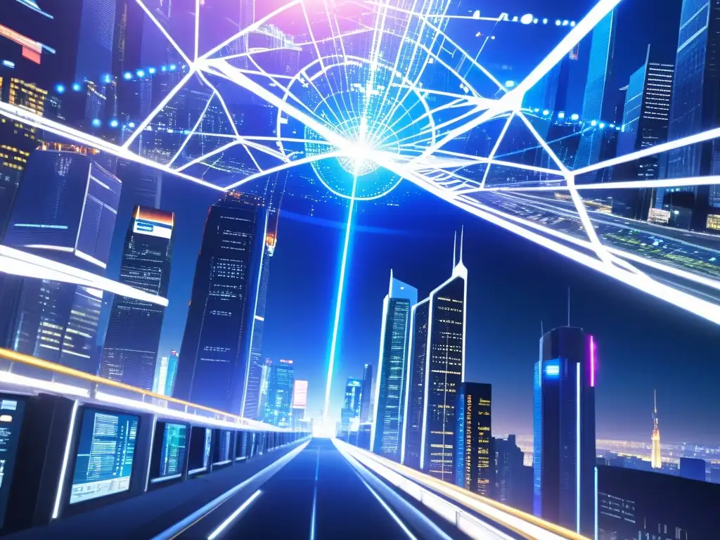 Escenario futurista de la ciudad digital en Digimon Una ciudad futurista de Digimon con rascacielos metálicos y redes de datos luminosas